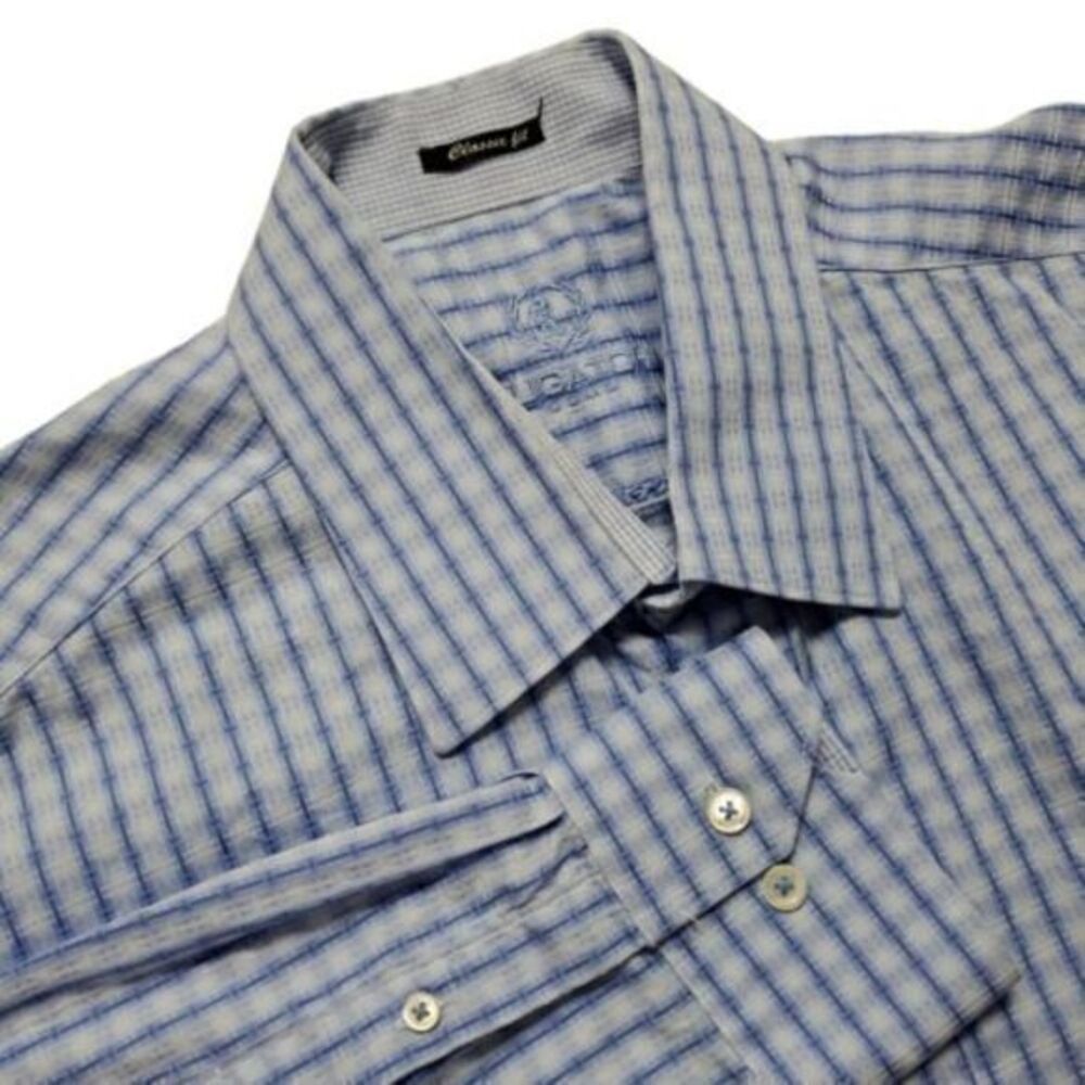 Bugatchi Men's XL Light Blue Classic Fit Button Up Dress Shirt Geometric Stripe